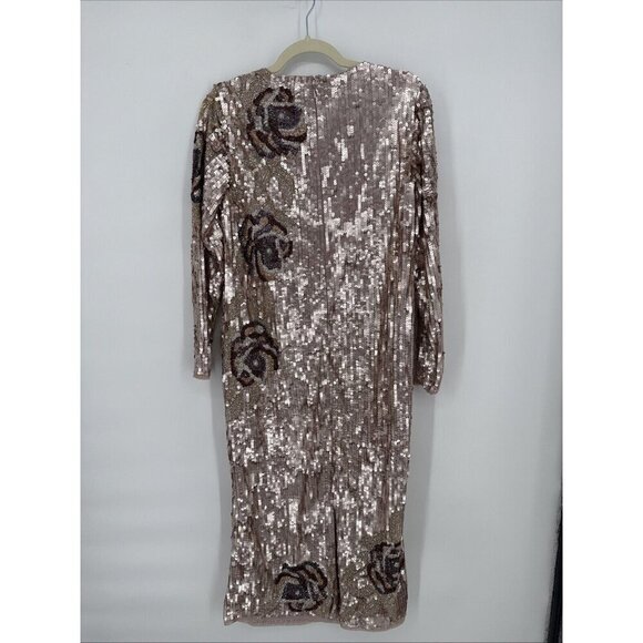 Mac Duggal Size 12 Pink SEQUINED ASYMMETRICAL FLORAL LONG SLEEVE MIDI DRESS $538 - Picture 6 of 9